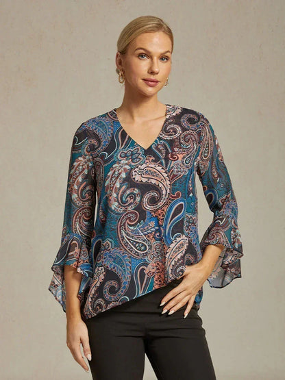 Paisley Chiffon Peasant Blouse with Long Lantern Sleeves