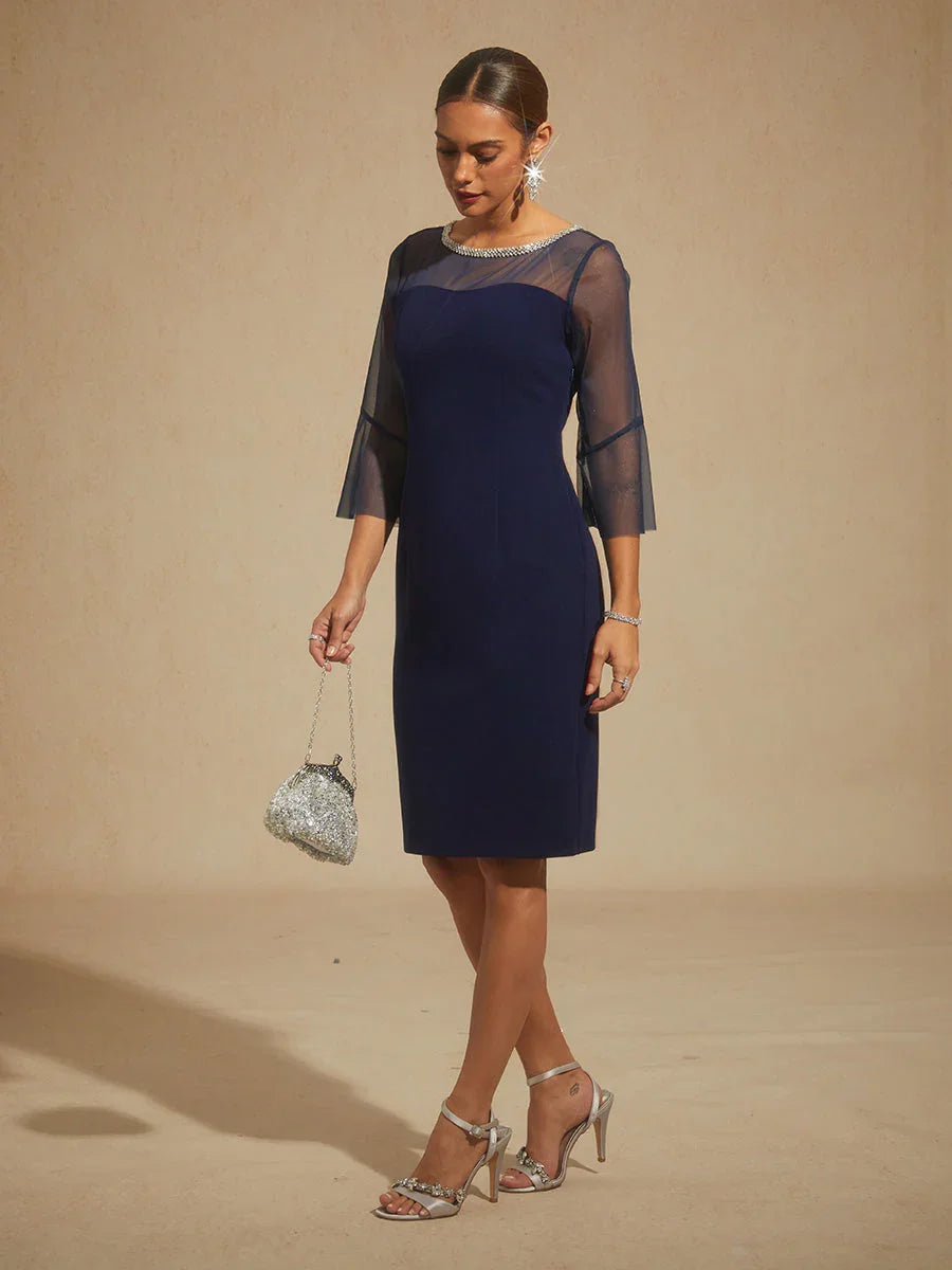 Women's Mini Dress Sheath Dress Elegant Beaded Illusion Wedding Guest Evening Party Cocktail Party Solid Color Half Sleeve Crew Neck Navy Blue Summer Women's Mini Dress Sheath Dress Elegant Beaded Illusion Wedding Guest Evening Party Cocktail Party Solid Color Half Sleeve Crew Neck Navy Blue Summer