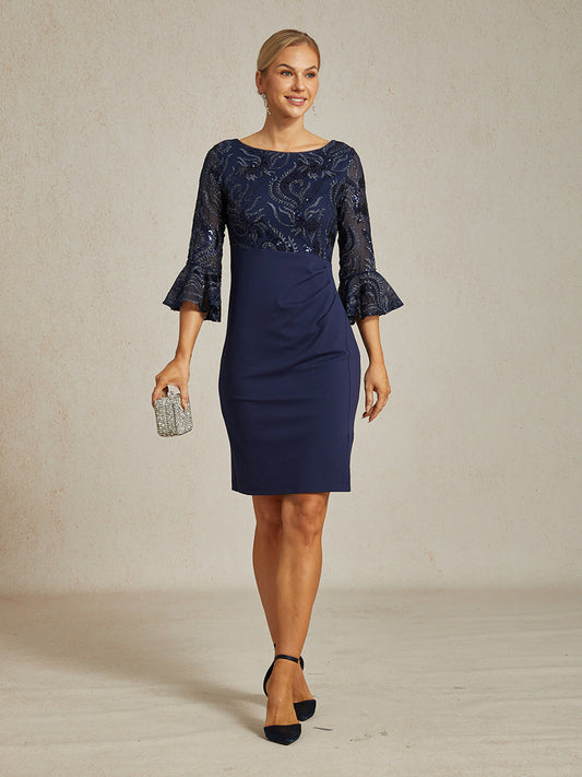 Embroidered Sequin Lace Cocktail Dress with Boat Neck and Flutter Sleeves