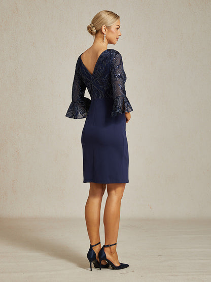 Embroidered Sequin Lace Cocktail Dress with Boat Neck and Flutter Sleeves