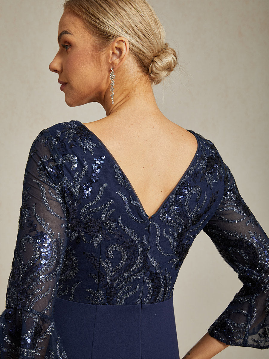 Embroidered Sequin Lace Cocktail Dress with Boat Neck and Flutter Sleeves
