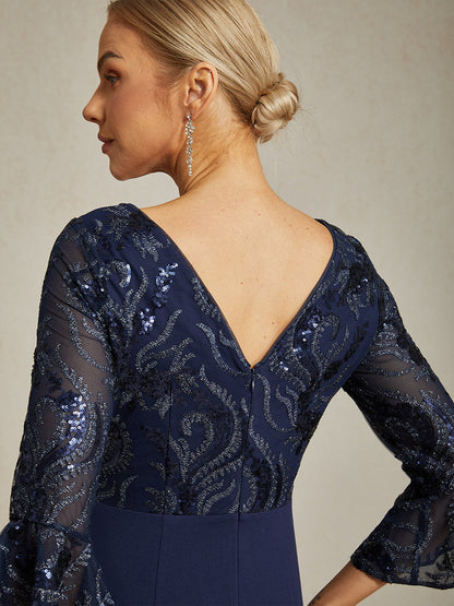 Embroidered Sequin Lace Cocktail Dress with Boat Neck and Flutter Sleeves