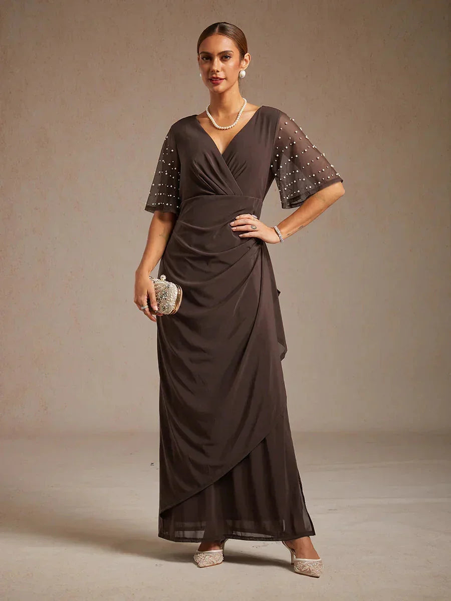 formal dress flutter sleeves Cape-Sleeved Long Formal Gown with Sequins
