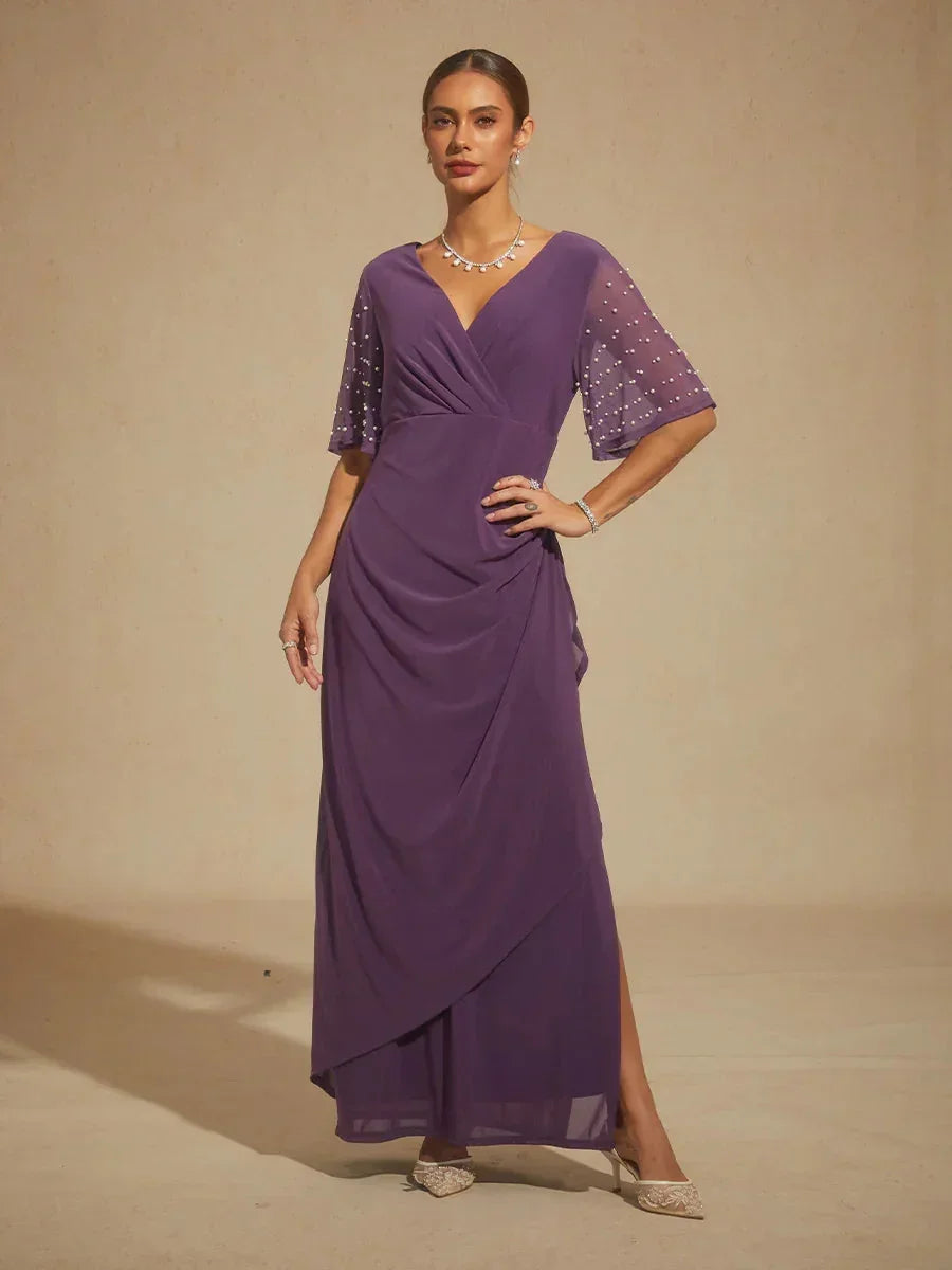 Elegant Formal Dress with Embellished Flutter Sleeves