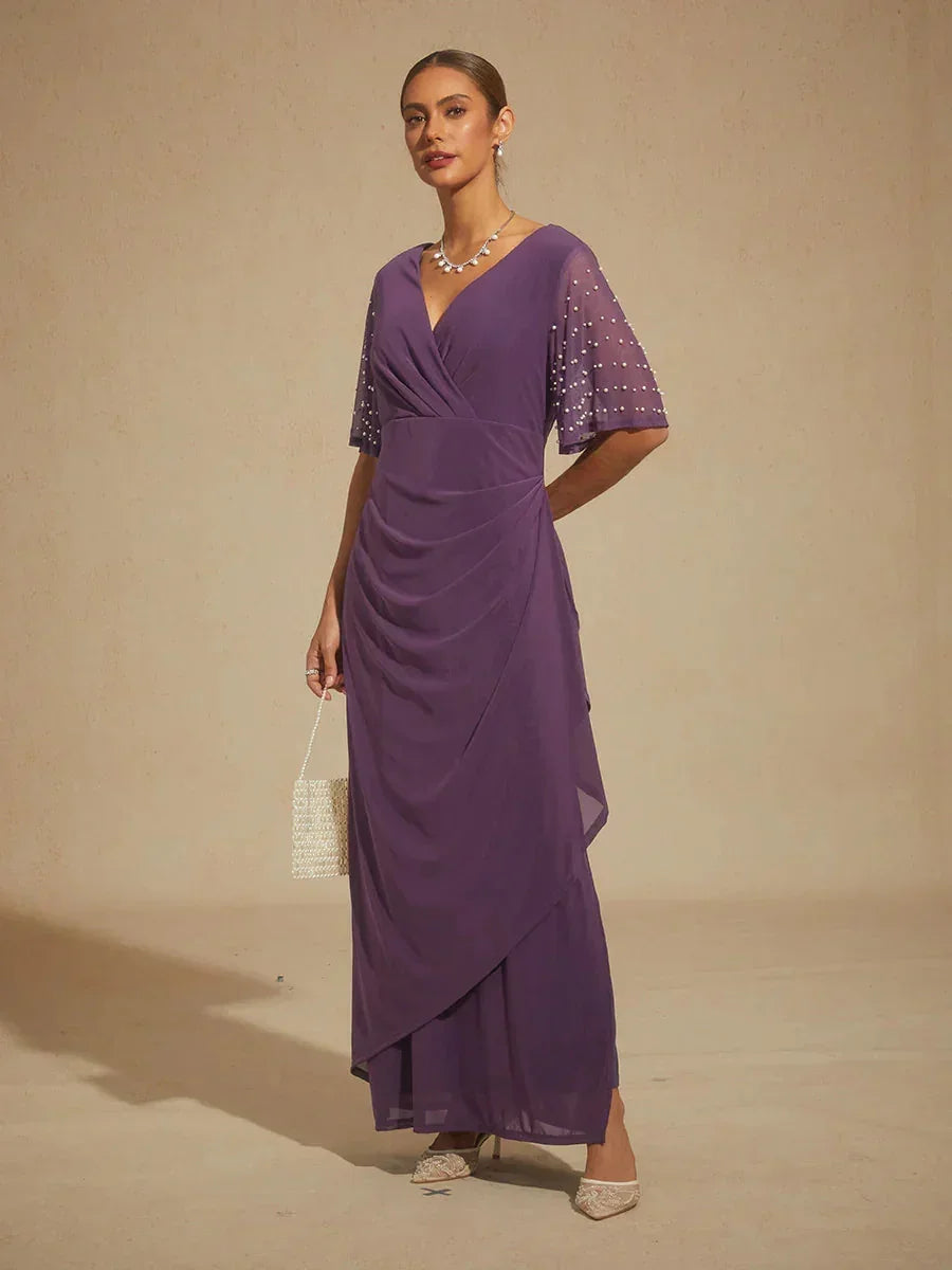 Elegant Formal Dress with Embellished Flutter Sleeves