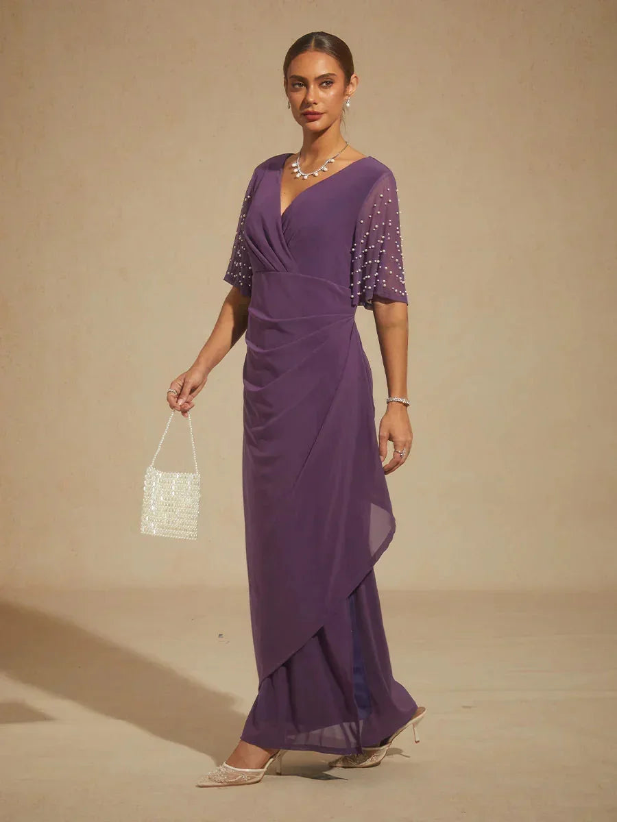 Elegant Formal Dress with Embellished Flutter Sleeves