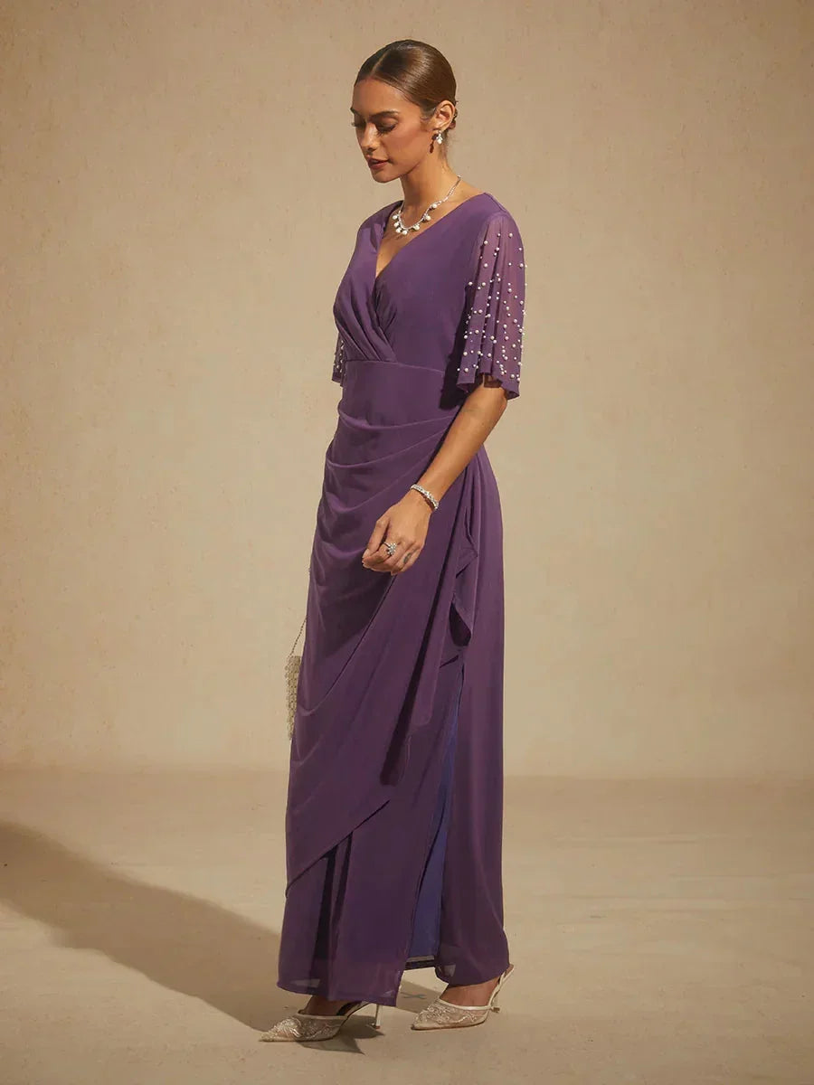 Elegant Formal Dress with Embellished Flutter Sleeves