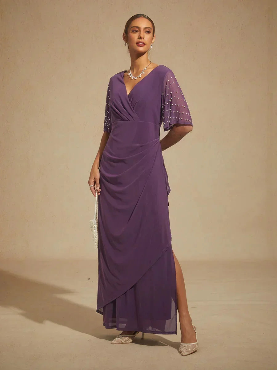 Elegant Formal Dress with Embellished Flutter Sleeves