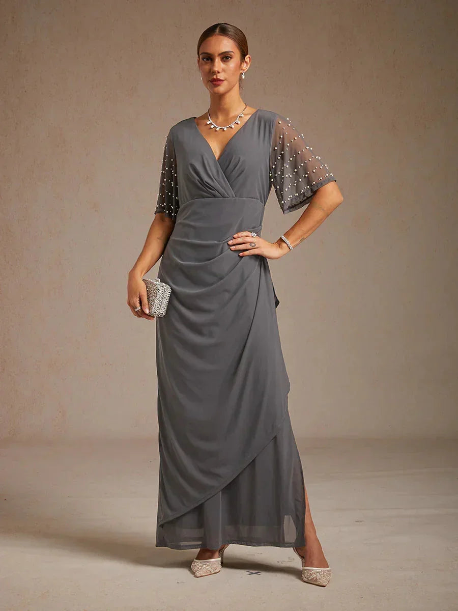 Elegant Formal Dress with Embellished Flutter Sleeves