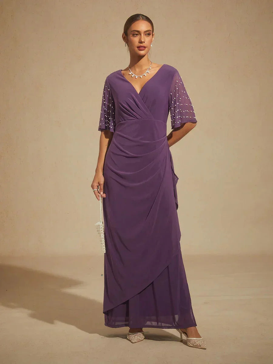 Elegant Formal Dress with Embellished Flutter Sleeves