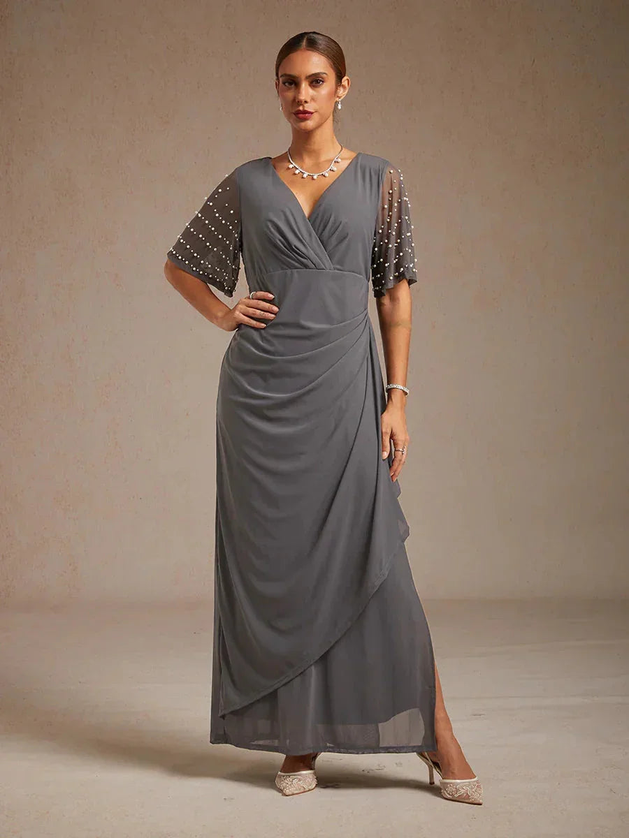 Elegant Formal Dress with Embellished Flutter Sleeves