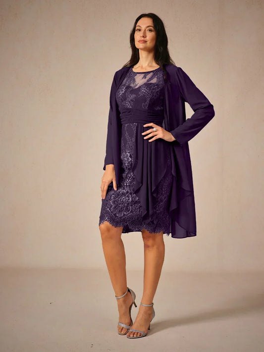 Elegant Knee-Length Lace Dress With Sheer Chiffon Jacket