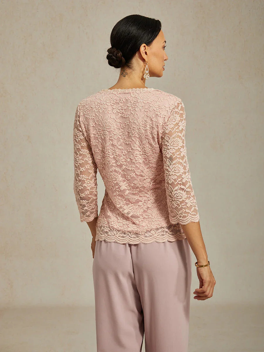 V-Neck Stretch Lace Top with Shimmery Details