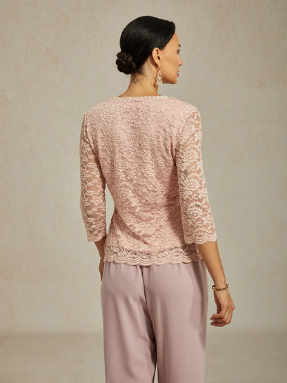 V-Neck Stretch Lace Top with Shimmery Details