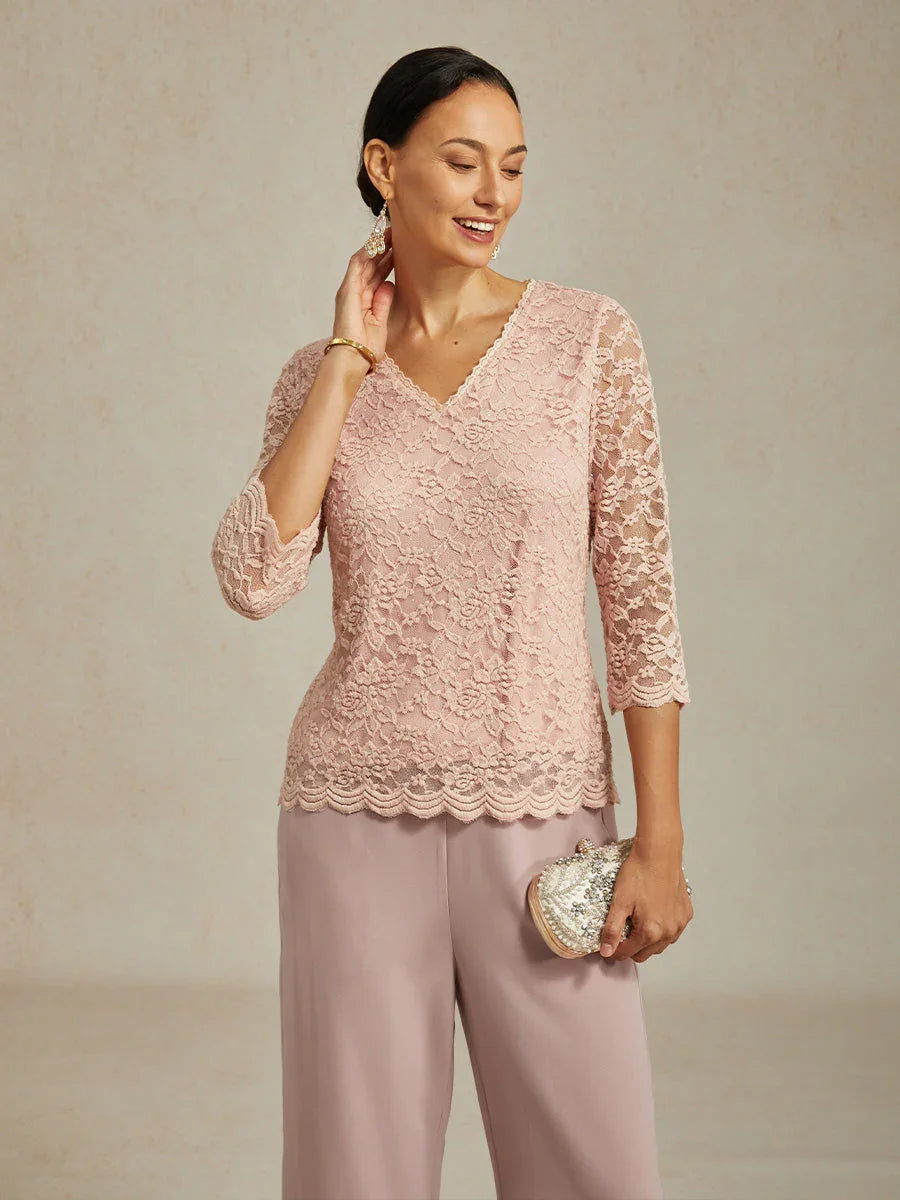 V-Neck Stretch Lace Top with Shimmery Details