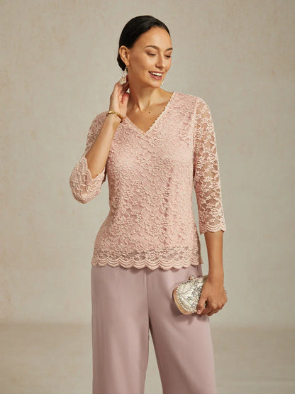 V-Neck Stretch Lace Top with Shimmery Details