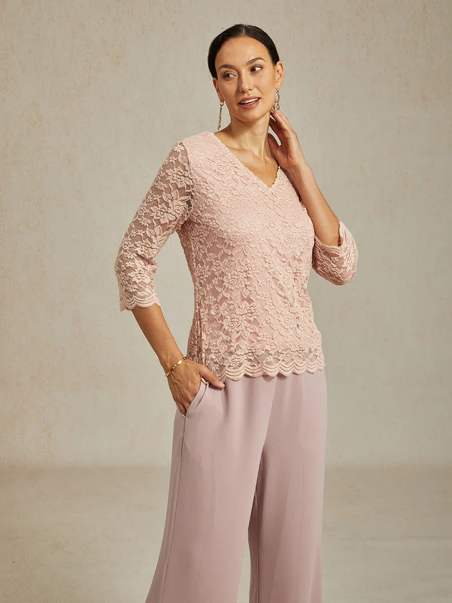 V-Neck Stretch Lace Top with Shimmery Details