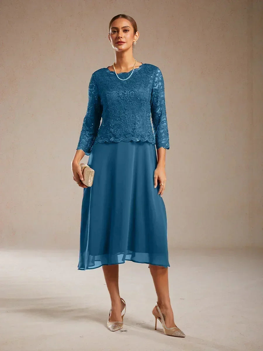 Elegant Lace and Chiffon Tea-Length Dress