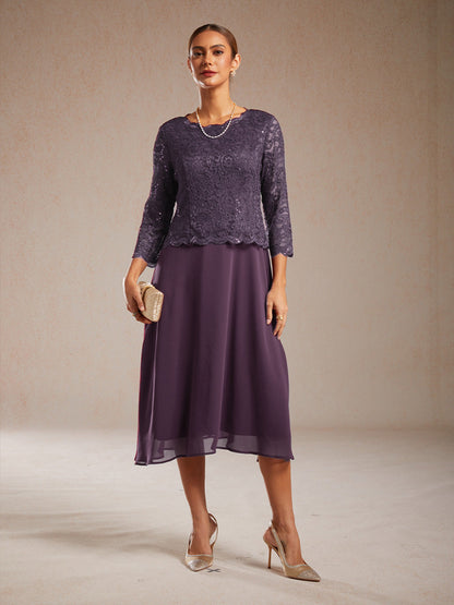 Elegant Lace and Chiffon Tea-Length Dress