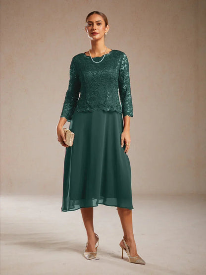 Elegant Lace and Chiffon Tea-Length Dress
