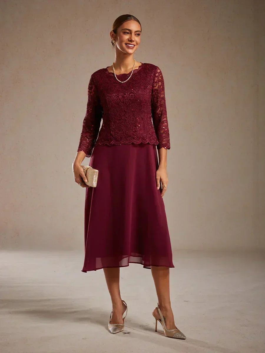 Elegant Lace and Chiffon Tea-Length Dress