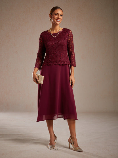 Elegant Lace and Chiffon Tea-Length Dress