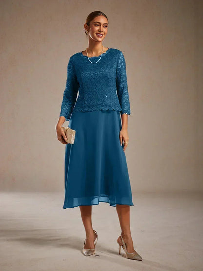 Elegant Lace and Chiffon Tea-Length Dress