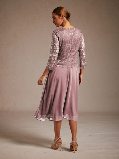 Elegant Lace and Chiffon Tea-Length Dress