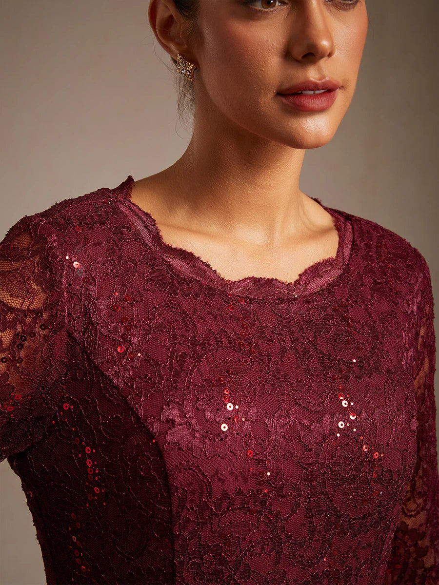 Elegant Lace and Chiffon Tea-Length Dress
