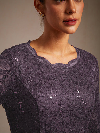 Elegant Lace and Chiffon Tea-Length Dress