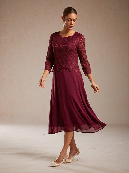 Elegant Lace and Chiffon Tea-Length Dress