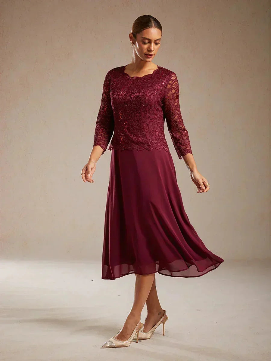 Mother Of The Groom Dress Lace Sequin Tea Length Navy Blue Semi Formal Chiffon 3 4 Sleeve A Line Wedding Guest Over 50, Wine / XXL Mother Of The Groom Dress Lace Sequin Tea Length Navy Blue Semi Formal Chiffon 3 4 Sleeve A Line Wedding Guest Over 50, Wine / XXL