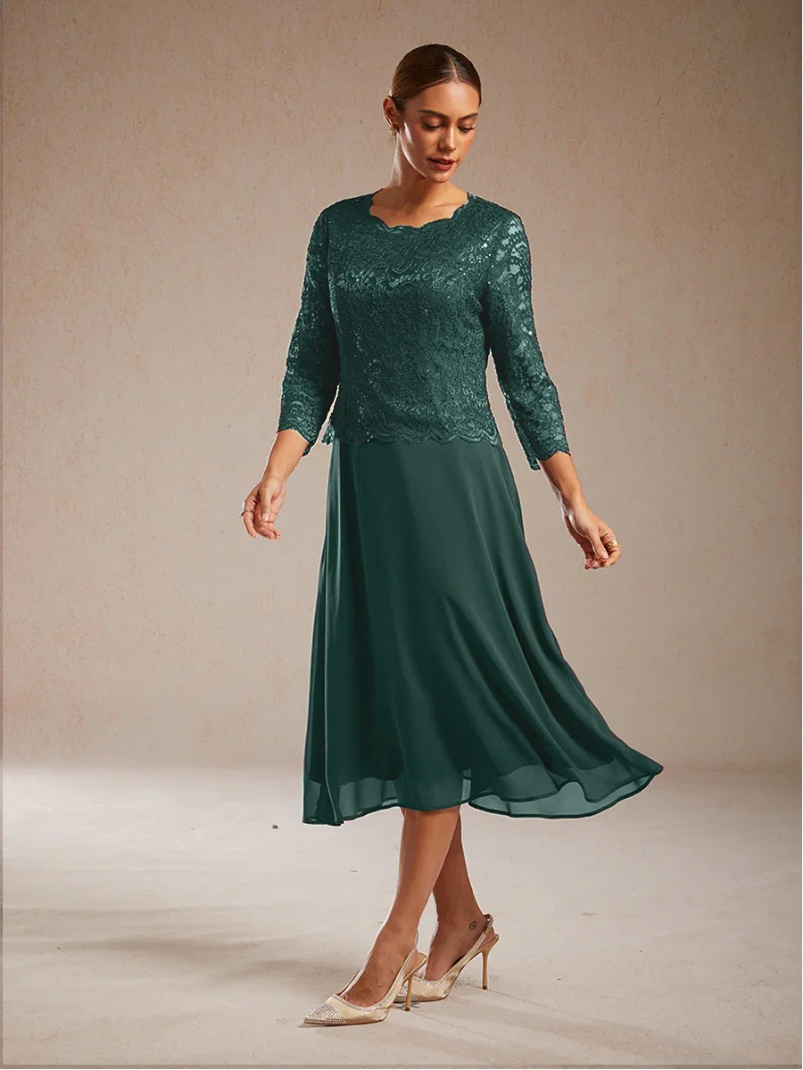 Elegant Lace and Chiffon Tea-Length Dress