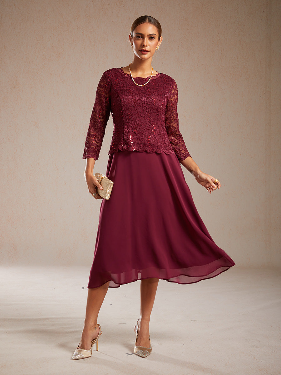 Elegant Lace and Chiffon Tea-Length Dress