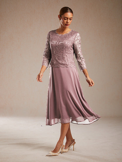 Elegant Lace and Chiffon Tea-Length Dress