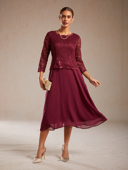Elegant Lace and Chiffon Tea-Length Dress