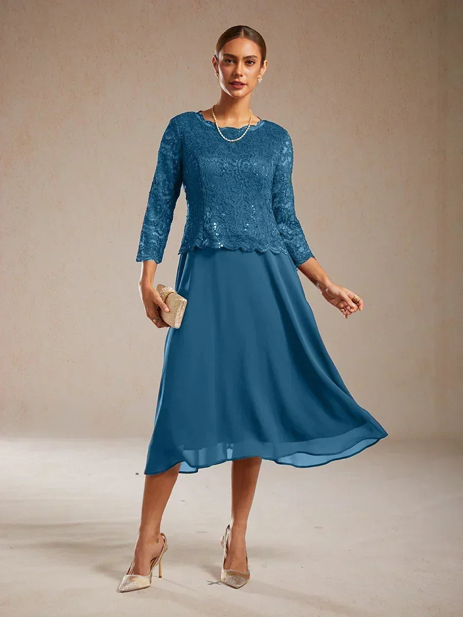 Elegant Lace and Chiffon Tea-Length Dress