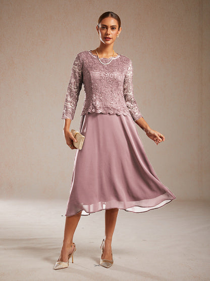Elegant Lace and Chiffon Tea-Length Dress
