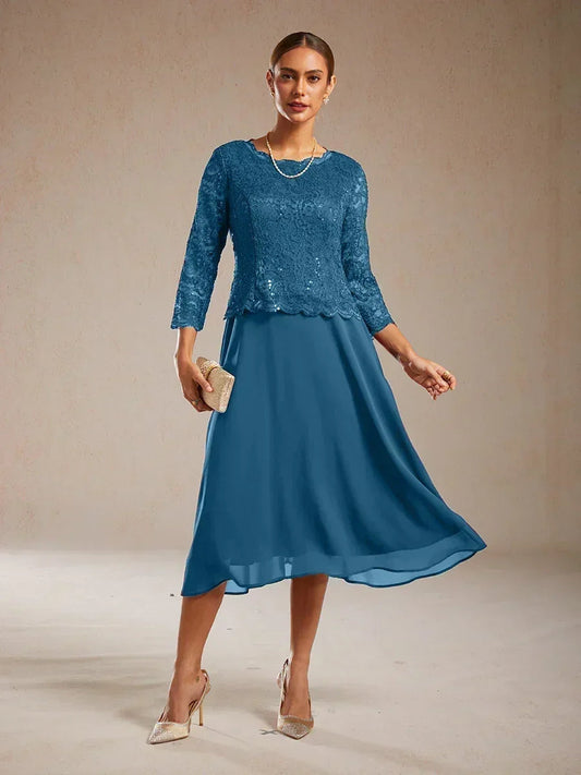 Elegant Lace and Chiffon Tea-Length Dress
