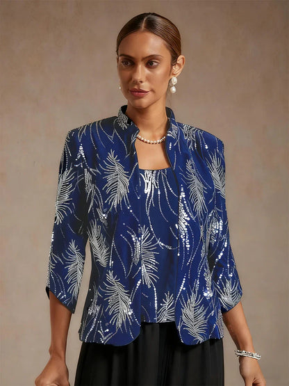 Elegant Mandarin Collar Sequin Twinset