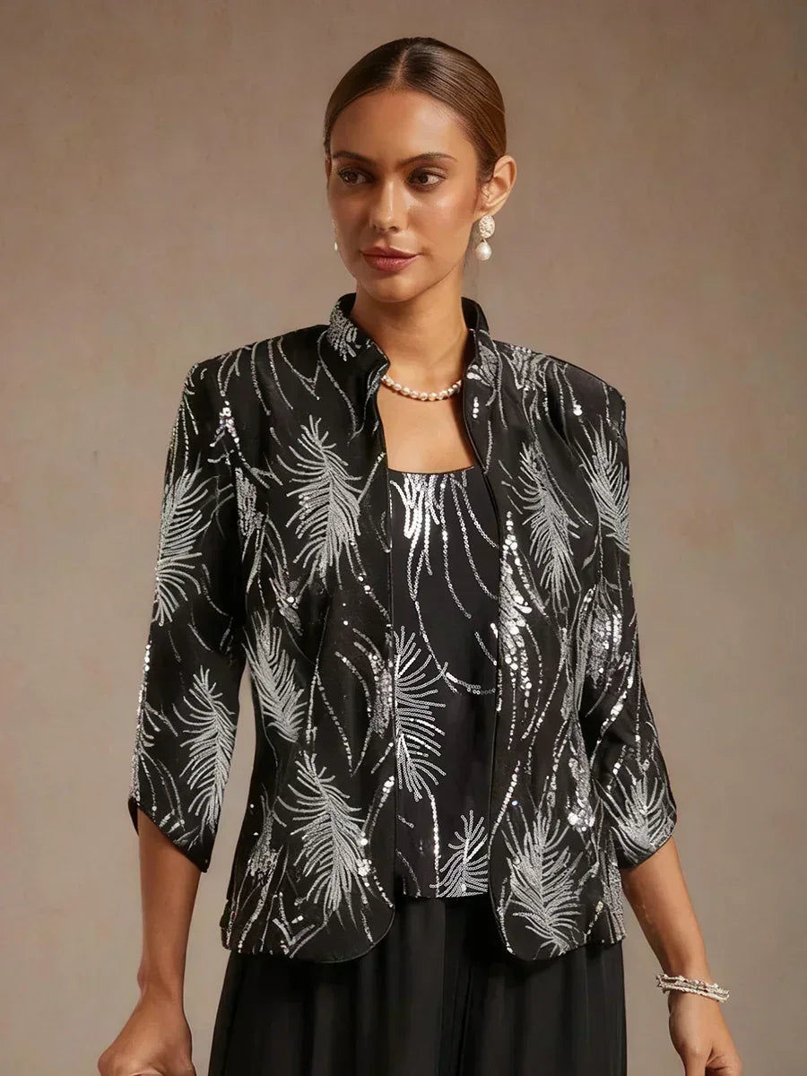 Elegant Twinset Met Mandarijnkraag En Pailletten