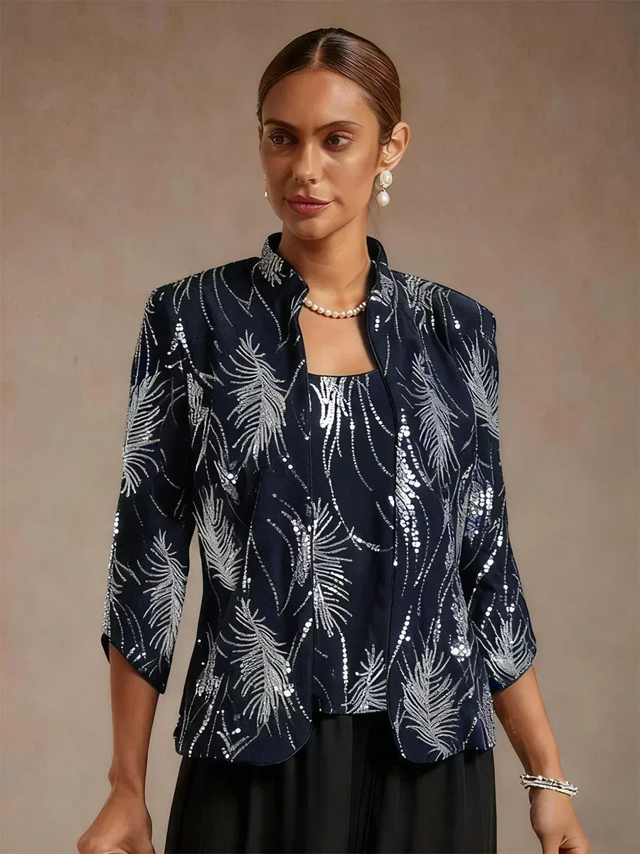 Elegant Twinset Met Mandarijnkraag En Pailletten