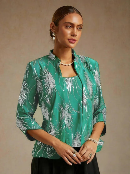 Elegant Mandarin Collar Sequin Twinset