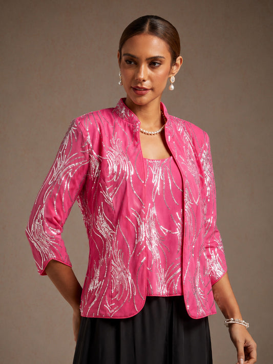 Elegant Mandarin Collar Sequin Twinset