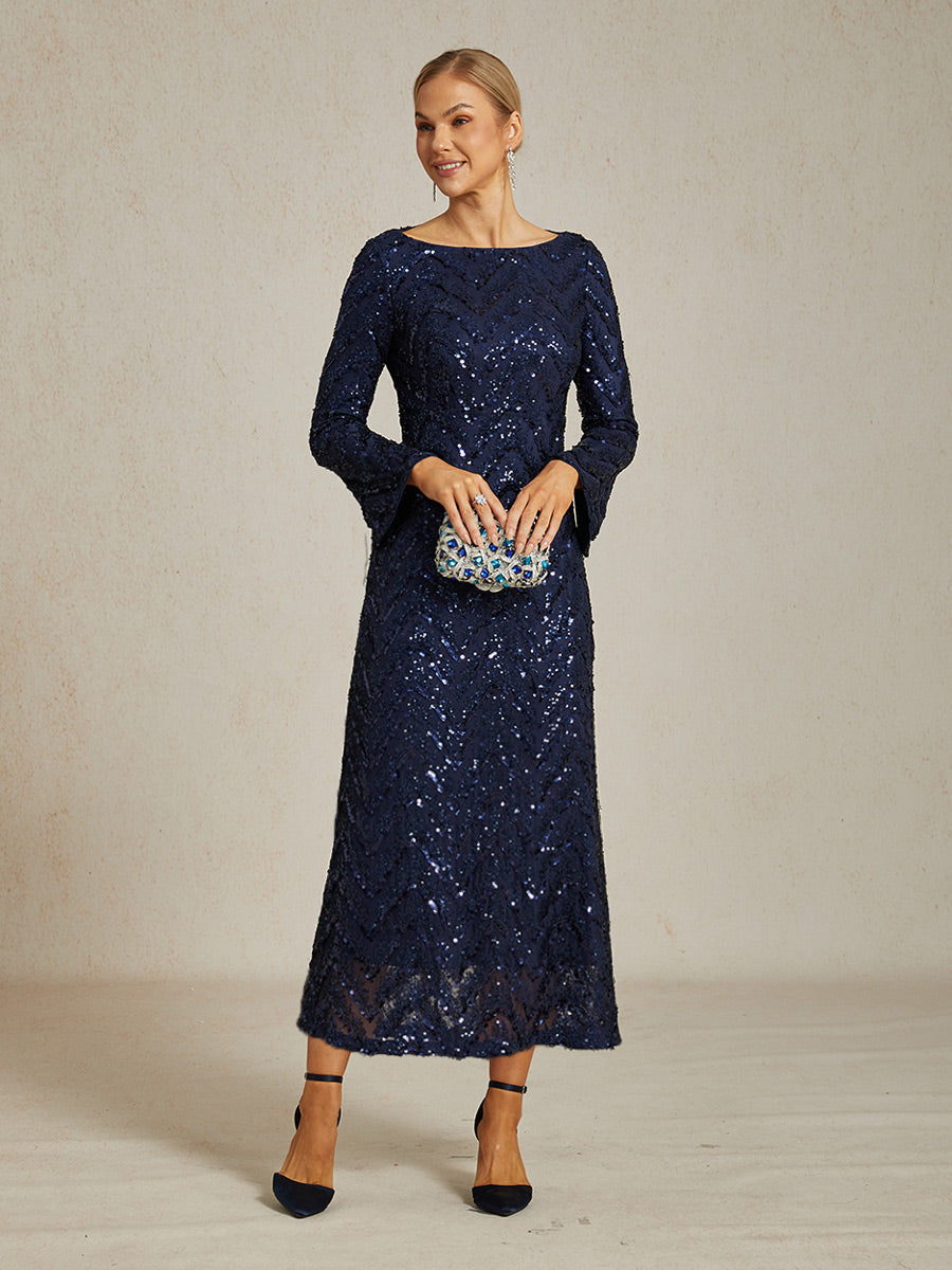 Elegant Sequin Evening Gown with Boat Neck and Slit Cuffs