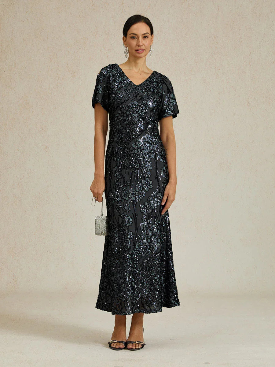 Vestito elegante con scollo a V, spalle scoperte e paillettes