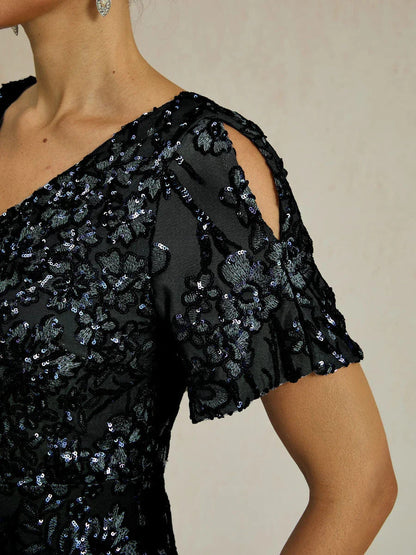 Vestito elegante con scollo a V, spalle scoperte e paillettes