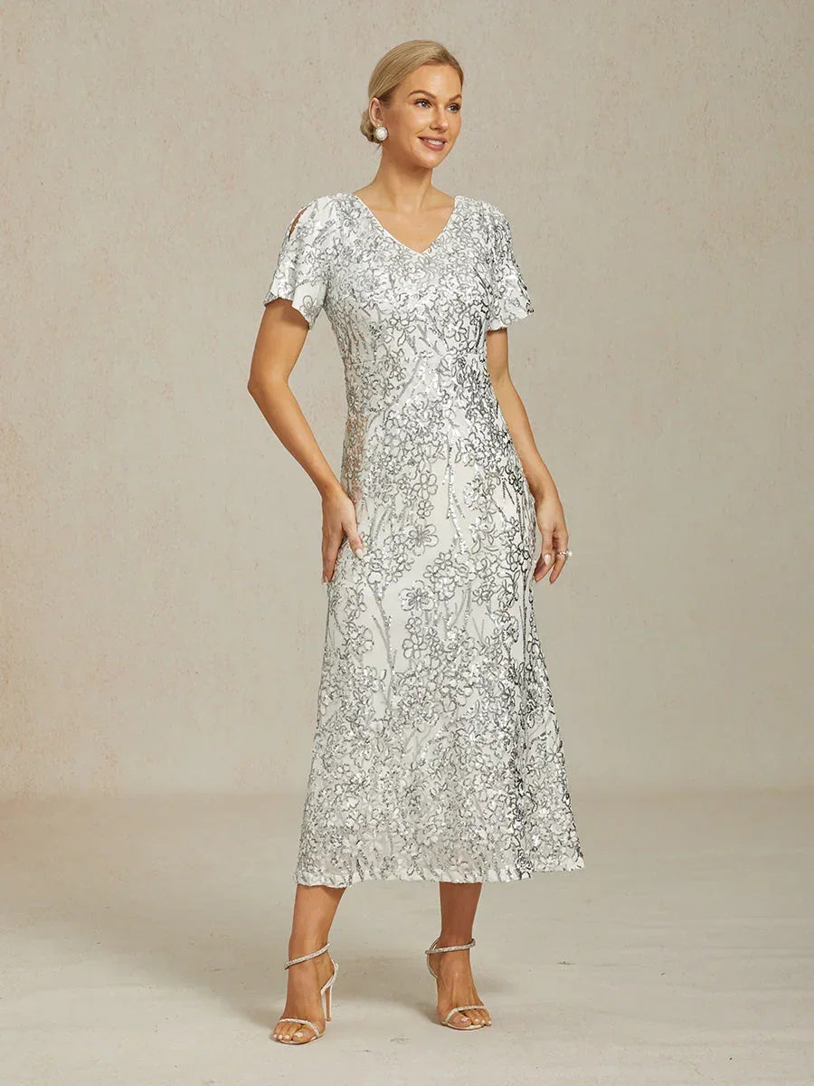 優雅V領露肩亮片洋裝