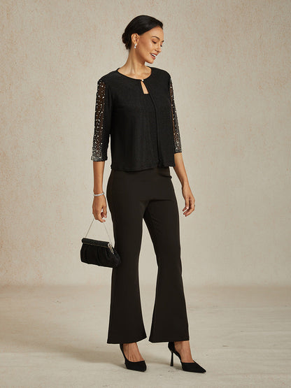 Beaded 3/4 Sleeve Metallic Knit Blouse