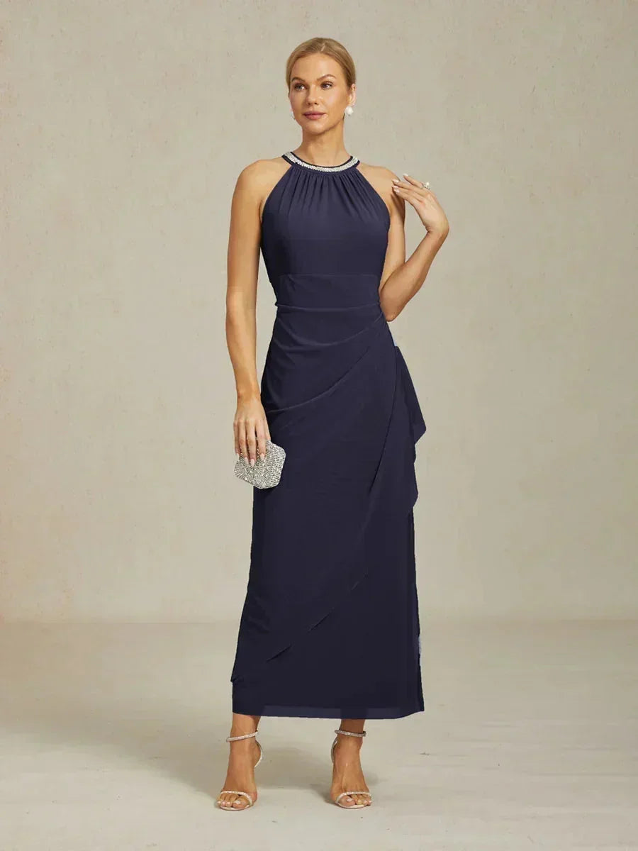 Elegant Beaded Halter Maxi Dress with Ruffle Detail